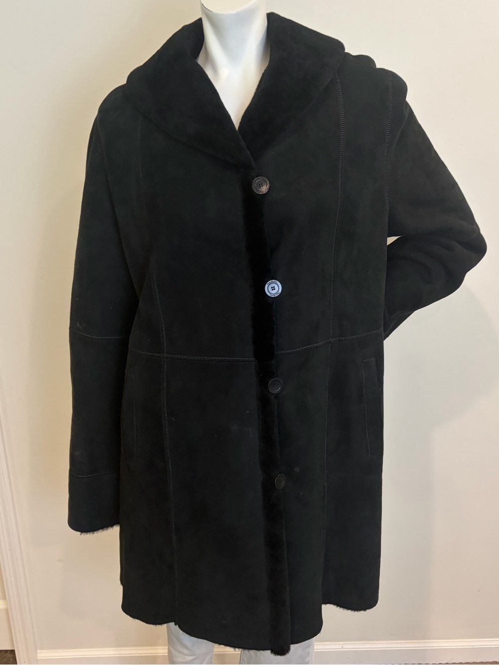 STEFANIA SARLE Black Genuine Nubuck Shearling Leather Button Up Coat